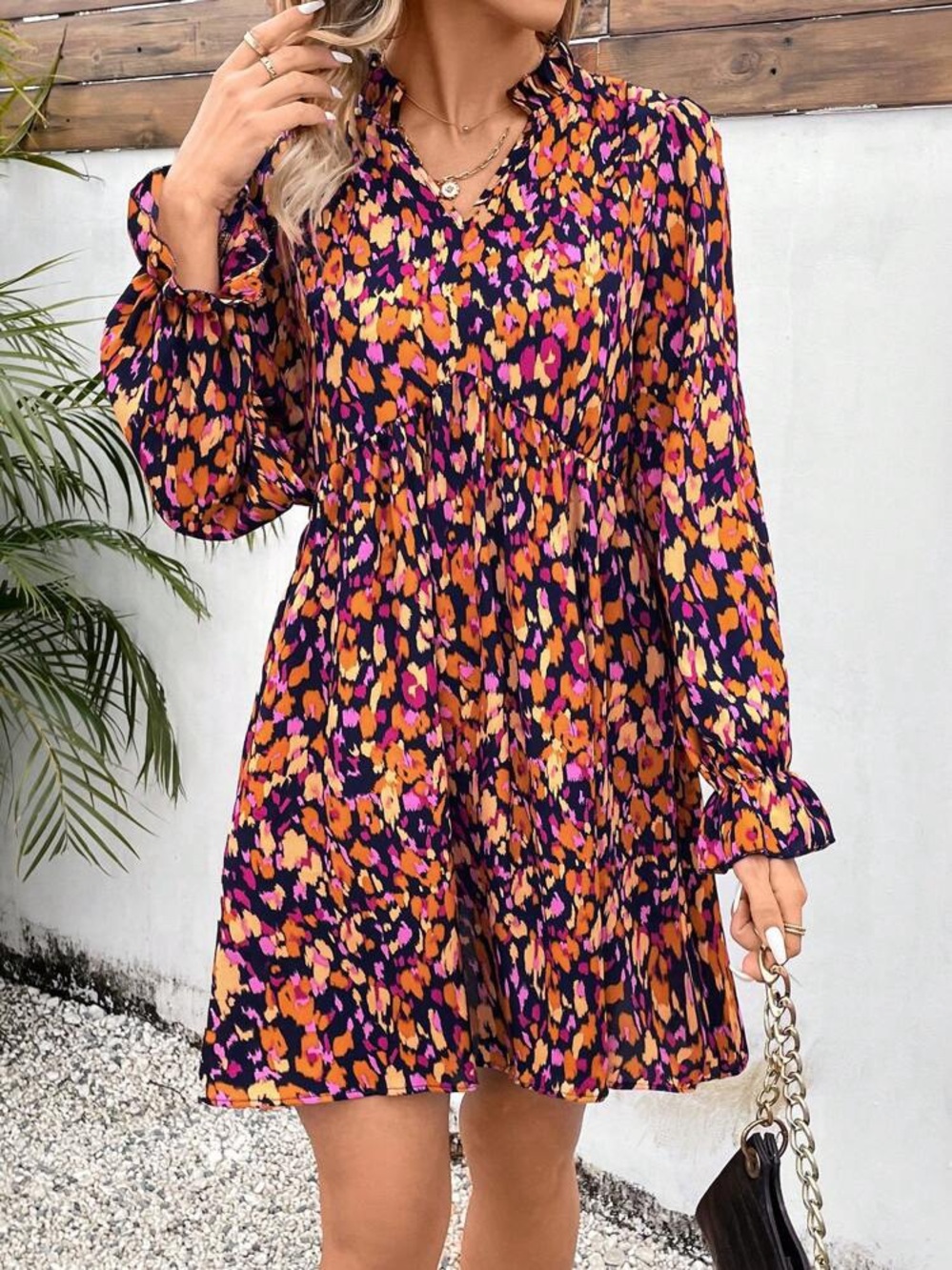 SHEIN Purple & Orange Floral Tiered Midi Dress